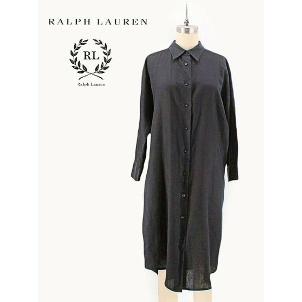 Ralph Lauren LRL Black Linen Shirt Dress Button Down Long 3/4 Batwing Bias Cut 8